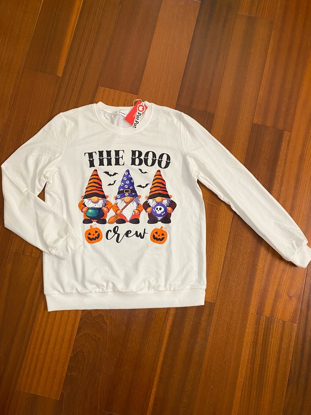 Men White Halloween Graphic Sweatshirt with Colorful Gnomes, Size M